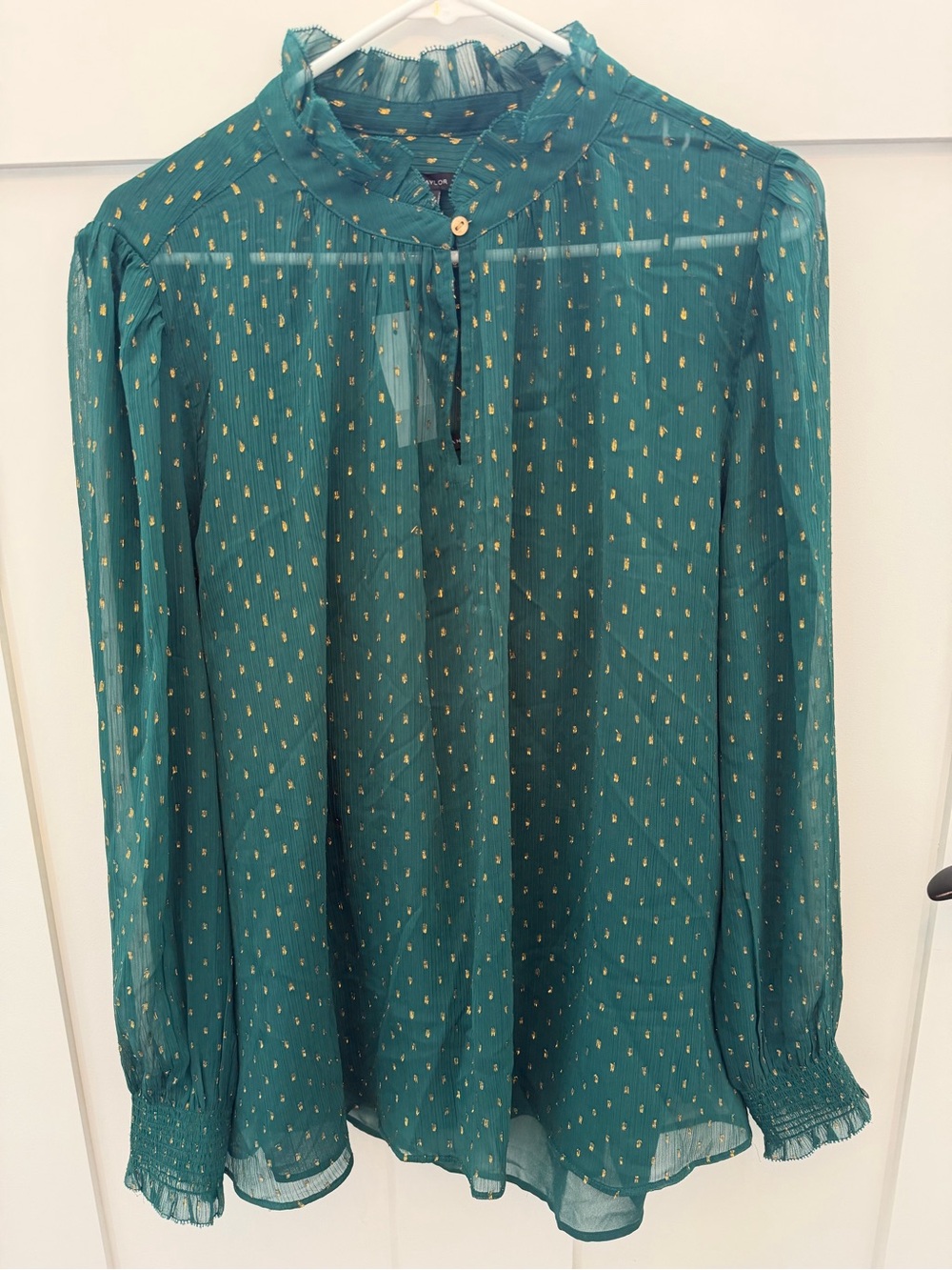 Ann Taylor Teal Sheer Blouse with Gold Dot Print